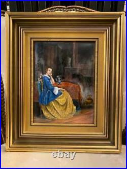 Signed Rear Antique French Limoges Enamel on Copper Painting Lady 19th