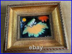 Small J Bertrand Frog And Lily Pad Enamel On Copper Painting -Signed/Framed P1