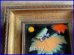 Small J Bertrand Frog And Lily Pad Enamel On Copper Painting -Signed/Framed P1
