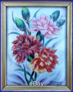 Spectacular French Original Signed Circa 1900 Enamel Carnation Flowers Painting