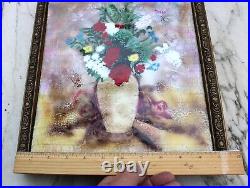 Still Life Enamel On Copper Painting Floral Red Rose Bouquet MCM