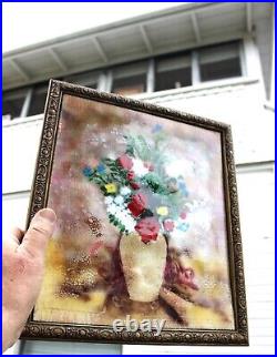 Still Life Enamel On Copper Painting Floral Red Rose Bouquet MCM
