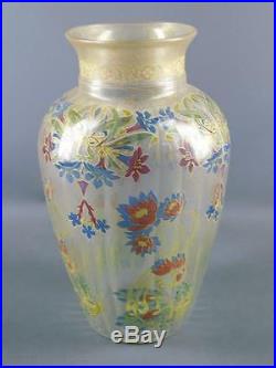Stunning Art Deco Painted Enamel Lotus Flowers Venetian Glass Vase Made In Italy