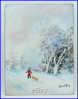 SuHai Originals Max and David Karp Enamel on Copper Painting Boy Sledding Winter