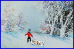 SuHai Originals Max and David Karp Enamel on Copper Painting Boy Sledding Winter
