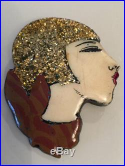 Superb Vintage Art Deco Glitter Enamel Painted Flapper Girl Profile Brooch Pin