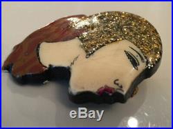 Superb Vintage Art Deco Glitter Enamel Painted Flapper Girl Profile Brooch Pin