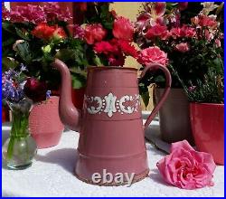 Superb antique french enameled coffee pot pink golden hand painted 1930 Art Deco