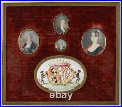 Tableau with 4 portrait miniatures of the Austrian royalties & a Coat of Arms(m)