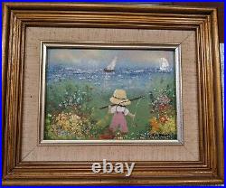 Three- LOUIS CARDIN Enamel Paintings Sailboat, Child, Lake, Fishing, Flowers