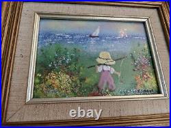 Three- LOUIS CARDIN Enamel Paintings Sailboat, Child, Lake, Fishing, Flowers