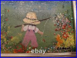 Three- LOUIS CARDIN Enamel Paintings Sailboat, Child, Lake, Fishing, Flowers