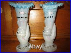 Two 1886 11 Hand Painted Enamel Bristol Art Glass Hand Vases Mouth Hand Blown