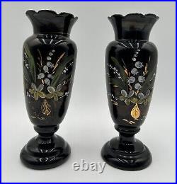 Two Victorian Enameled Black Amethyst Hand Blown Vase. Hand Painted