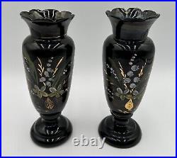 Two Victorian Enameled Black Amethyst Hand Blown Vase. Hand Painted