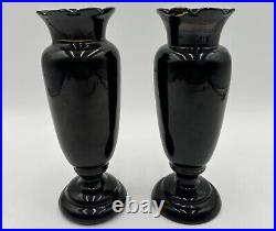 Two Victorian Enameled Black Amethyst Hand Blown Vase. Hand Painted