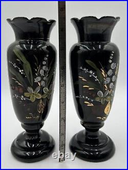 Two Victorian Enameled Black Amethyst Hand Blown Vase. Hand Painted