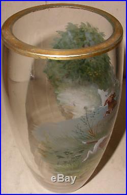 Unique Antique art glass enamel vase hunting painting Guido von Maffei German