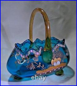 Unique French Art Nouveau Glass Basket Hand Painted Enamel Japonisme Japonesque