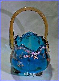 Unique French Art Nouveau Glass Basket Hand Painted Enamel Japonisme Japonesque