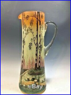 Unsigned French Art Glass Legras Style Hand Painted/Enamel Pitcher 12 1/4H