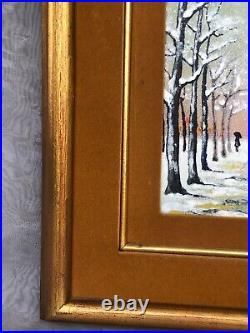 VINTAGE Enamel on Copper Painting ORIGINAL Artwork Framed Art Snow Winter Scene