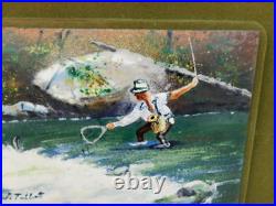 VINTAGE FLY FISHING ENAMEL ON COPPER PAINTING JACK PRAGER 1950's SAN FRANCISCO