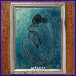VINTAGE PICASSO BLUE NUDE ENAMEL PAINTING ON COPPER With WOOD FRAME