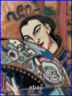 VTG Albert Gilles French Asian Inspired Enameled Copper Repousse Wall Art signed