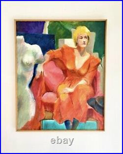 VTG Art Deco MCM Painting Lady Woman Portrait Eclectic Colorful Red Green Pink