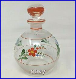 VTG Bohemian Art Deco Hand Painted Enamel Floral Glass Decanter Liquor Set KP21