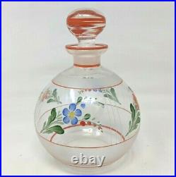 VTG Bohemian Art Deco Hand Painted Enamel Floral Glass Decanter Liquor Set KP21
