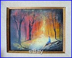 VTG ENAMEL on COPPER Original Painting ORNATE FRAME Boy Forest NIGHT FANTASY