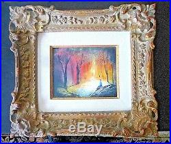 VTG ENAMEL on COPPER Original Painting ORNATE FRAME Boy Forest NIGHT FANTASY