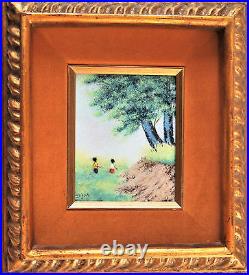 VTG Enamel On Copper Artwork Landscape Scenery Fields with Young Boy and Girl