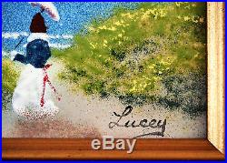 VTG Enamel On Copper Artwork Seascape/ Dunes/ Sailboats/ Girl/ Signed Lucey