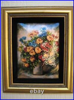 VTG Limoges France Enamel on Copper Plaque Vase of Flowers Painting by R Leclair