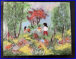 VTG Louis Cardin Enamel On Copper Painting Children in Forest Signed 8x10 Art