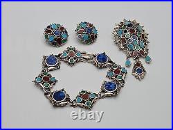 VTG Signed ART Enamel Reverse Teardrop Dangle Brooch Bracelet & Clip On Earrings