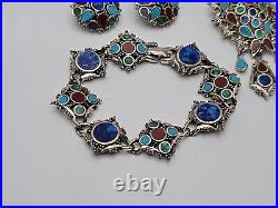 VTG Signed ART Enamel Reverse Teardrop Dangle Brooch Bracelet & Clip On Earrings