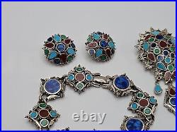 VTG Signed ART Enamel Reverse Teardrop Dangle Brooch Bracelet & Clip On Earrings