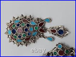 VTG Signed ART Enamel Reverse Teardrop Dangle Brooch Bracelet & Clip On Earrings