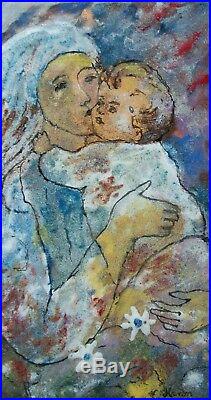 V. HANON'Mother & Child' Modernist Enamel on Copper Painting Mid 20th C
