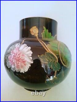 Vase Enamel Faience KG Lunéville New Art Flowers And Insect Painted Hand 1880
