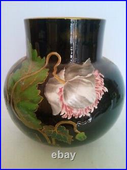 Vase Enamel Faience KG Lunéville New Art Flowers And Insect Painted Hand 1880
