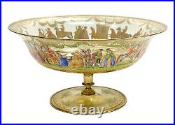 Venetian Amber Art Glass Hand Painted Enamel Large Footed Bowl