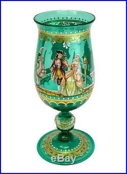 Venetian Art Glass Hand Painted Enamel Water Goblet, c1940. Figures