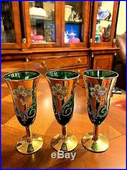Venetian Murano Art Glass Hand Painted Wine Set 6 Gold Green Enamel Glasses & De
