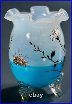 Very Fine Antique Orientalism Blown Art Glass Miniature Footed Vase Enamel Paint