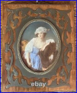Very Good 19th C Miniature Portrait In Boule Frame Girl with Horse 5 1/2 tall